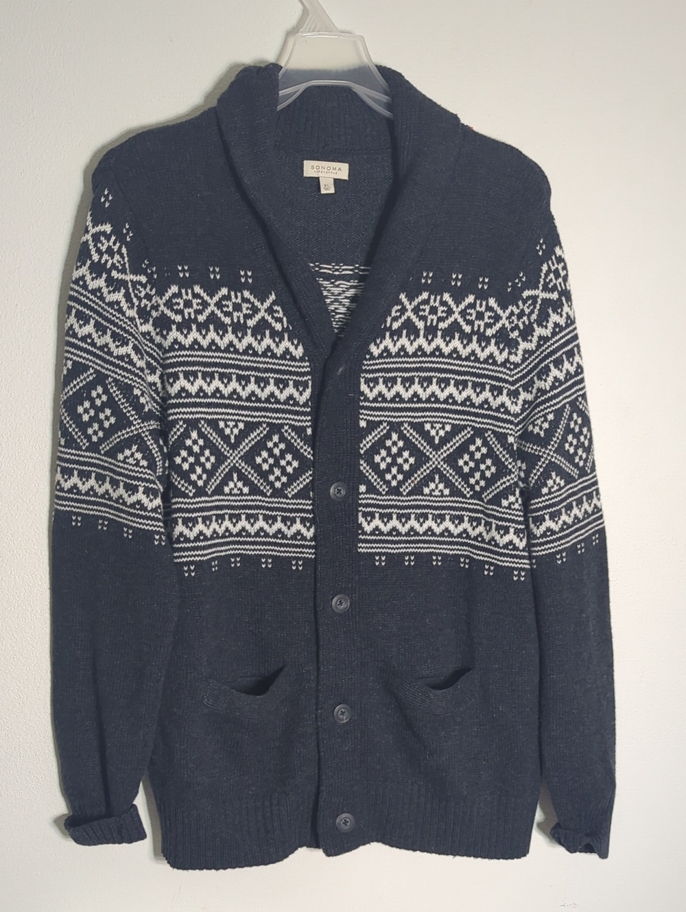 Mens Fair Isle Cardigan Sweater Shawl Collar Quiet Luxury Neutral Rogers Size XL